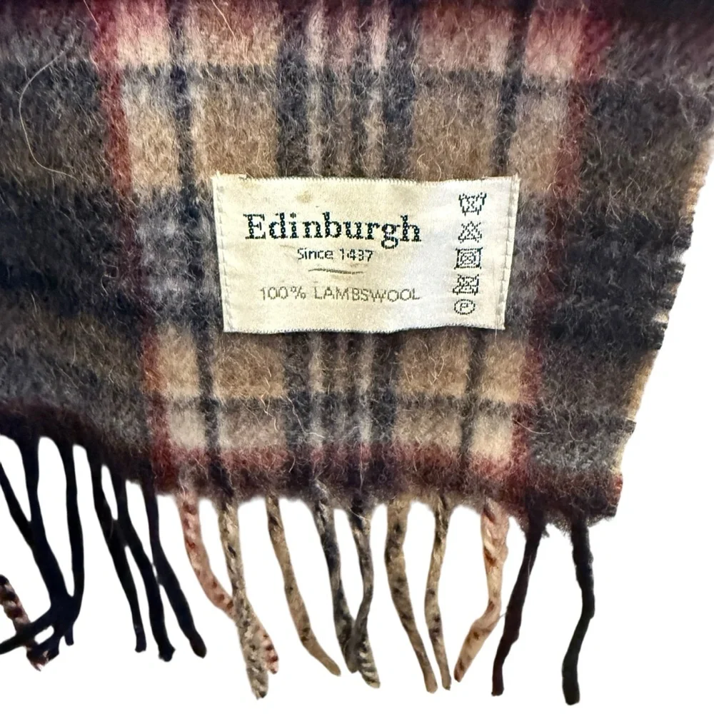 Edinburgh Scotland Classic Plaid Lambswool Scarf in Blue, Gray, Tan with Fringe